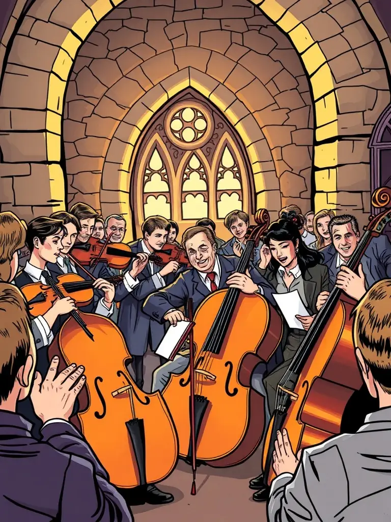 A vibrant photograph capturing a musical performance inside the Allichamps priory, showcasing musicians playing classical instruments with an engaged audience in the background, highlighting the priory's role as a cultural venue.