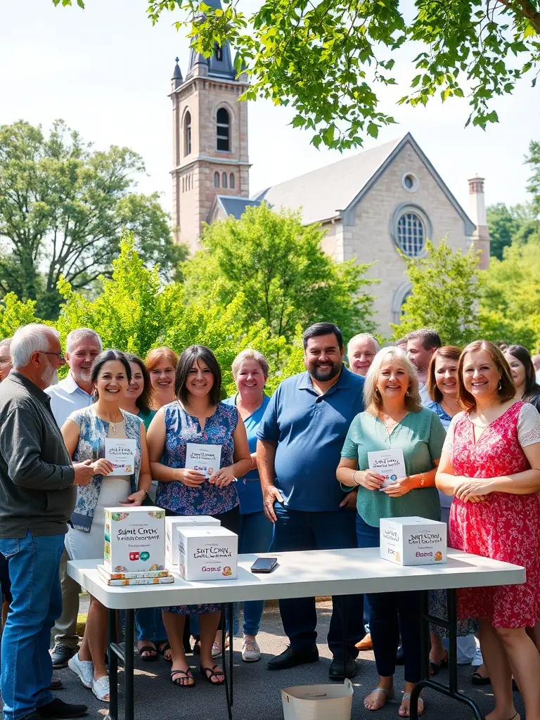 A picture of a fundraising event, showing people participating in a charity auction to support the priory's preservation projects.