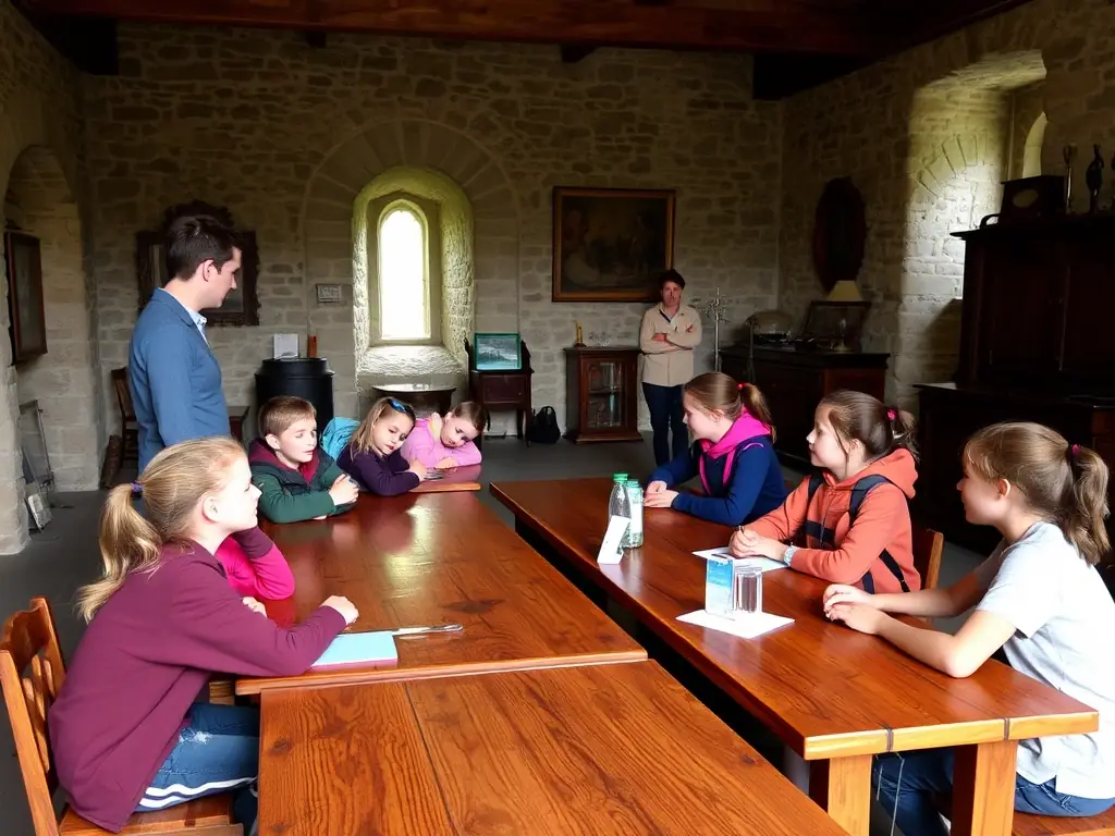 A photograph capturing a group of children participating in an educational workshop at the Allichamps Priory, learning about the history and architecture of the site. The image should highlight the interactive and engaging nature of the workshop.