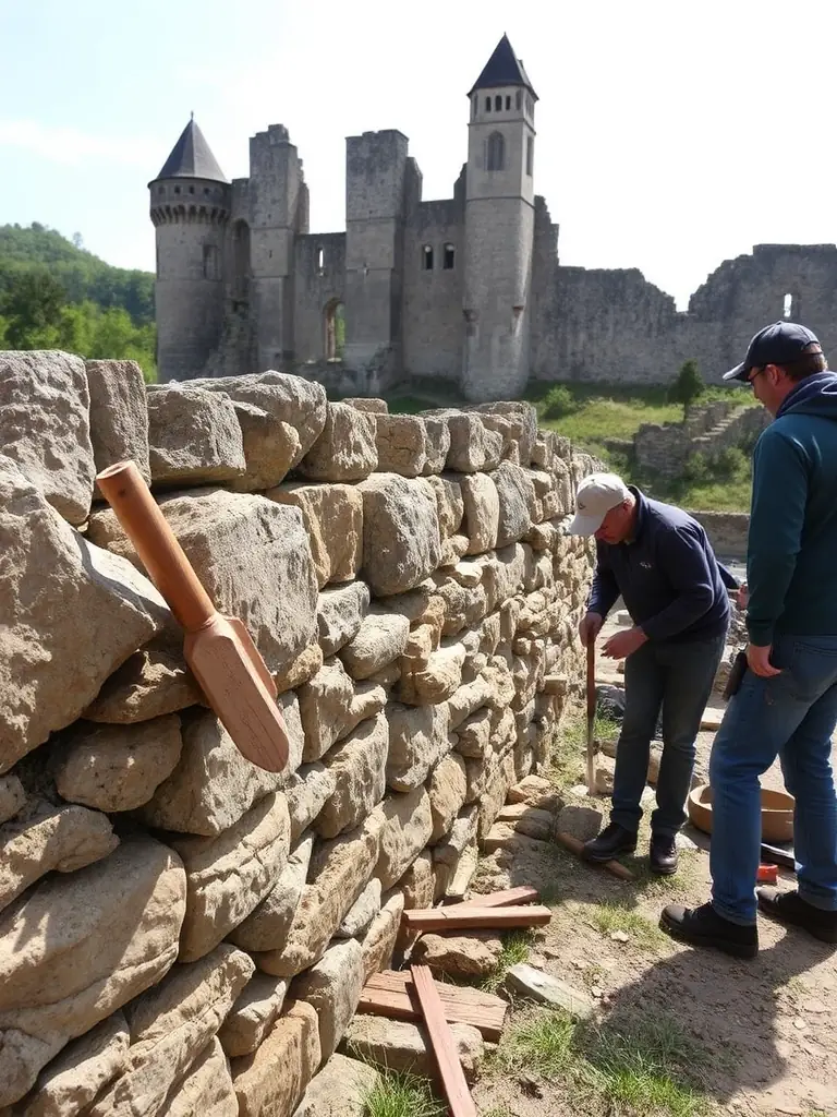 A photograph showcasing volunteers working on the restoration of a section of the Prieuré d'Allichamps, such as a stone wall or a garden. The image should emphasize the collaborative effort and dedication to preserving the site.