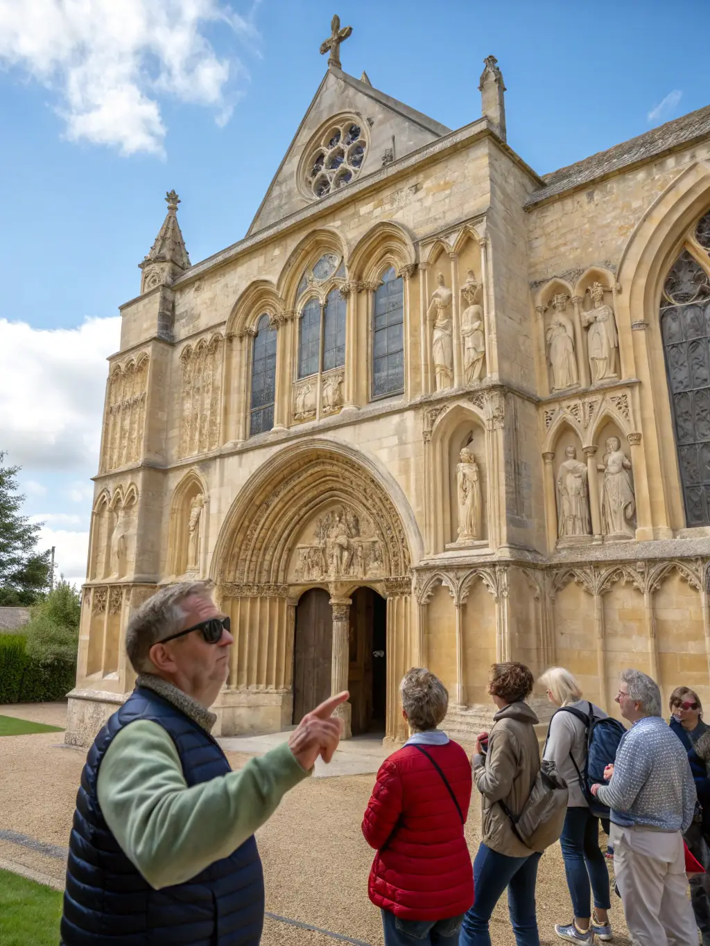A photograph of a guided tour group exploring the Prieuré d'Allichamps, with a knowledgeable guide sharing insights about the history and significance of the site. The image should convey the educational value of the tours.
