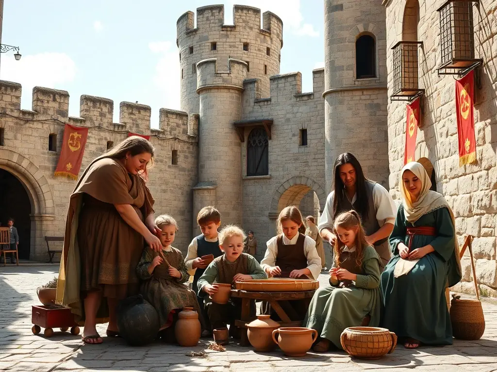An image depicting a historical reenactment event at the Allichamps Priory, with participants dressed in period costumes and engaging in activities that recreate historical scenes. The image should convey the educational and entertaining aspects of the event.