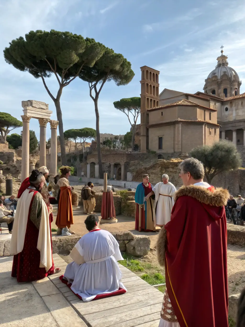 A photograph of a historical reenactment event at the priory, showing actors in period costumes engaging in a scene, with spectators watching attentively, illustrating the priory's commitment to historical education.