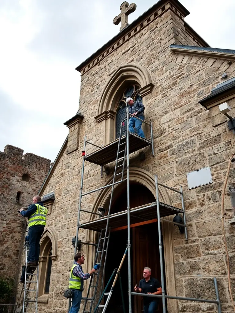 A photograph showing the structural repair work being done on the ancient stone walls of the Prieuré d'Allichamps, emphasizing the importance of maintaining the building's integrity.