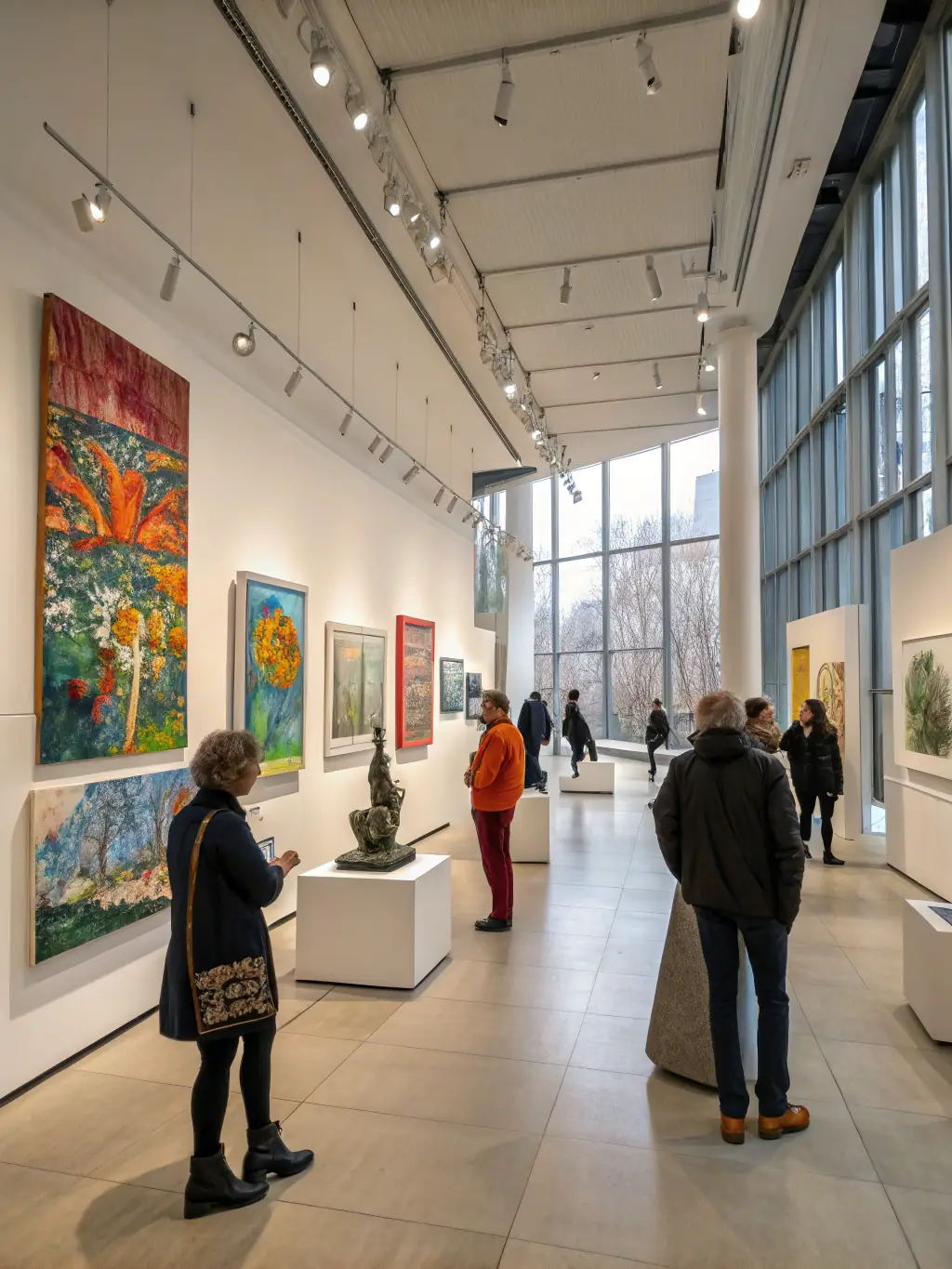 A photograph of an art exhibition held within the priory, featuring various paintings and sculptures, with visitors admiring the artwork, emphasizing the priory's support for local artists.