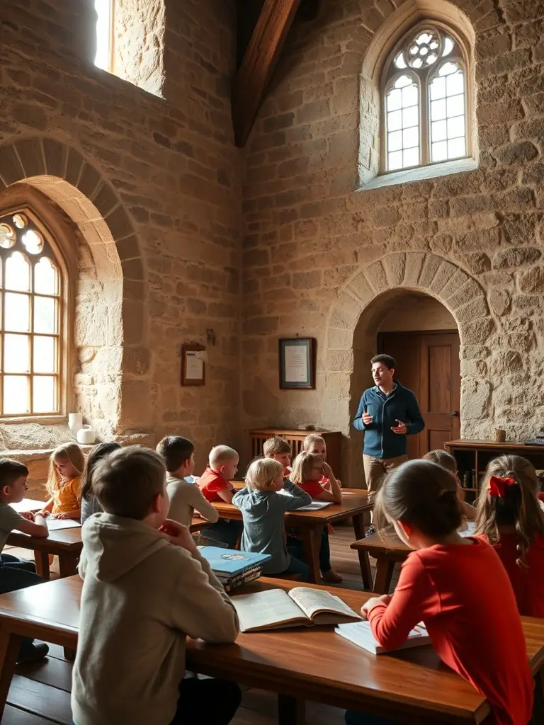 A photograph capturing a group of children participating in an educational workshop at the Prieuré d'Allichamps, learning about the history and architecture of the site. The image should convey a sense of engagement and discovery.