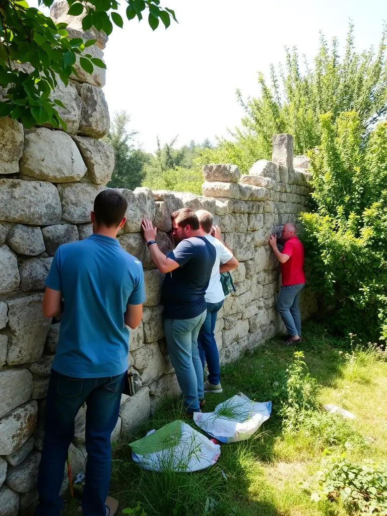 A photograph capturing volunteers working on the restoration of a section of the priory's stone wall, showcasing the hands-on preservation efforts.